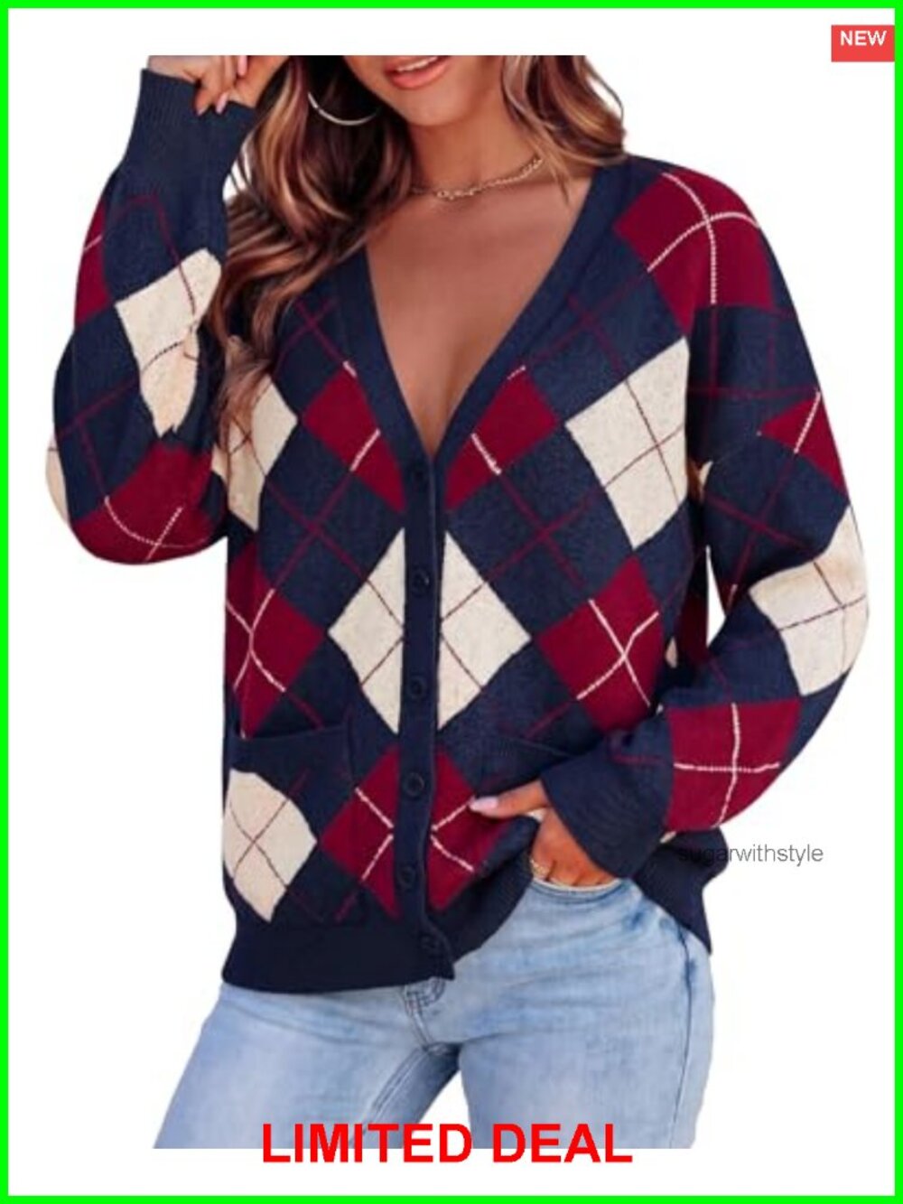 Women's Chunky Knit Argyle Cardigan Button Up V-Neck Sweater